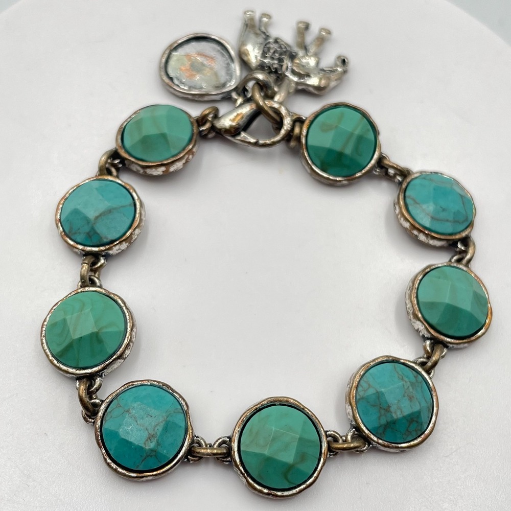 Vintage Boho Faux Turquoise Faceted Link Bracelet with Elephant Charm Fashion
